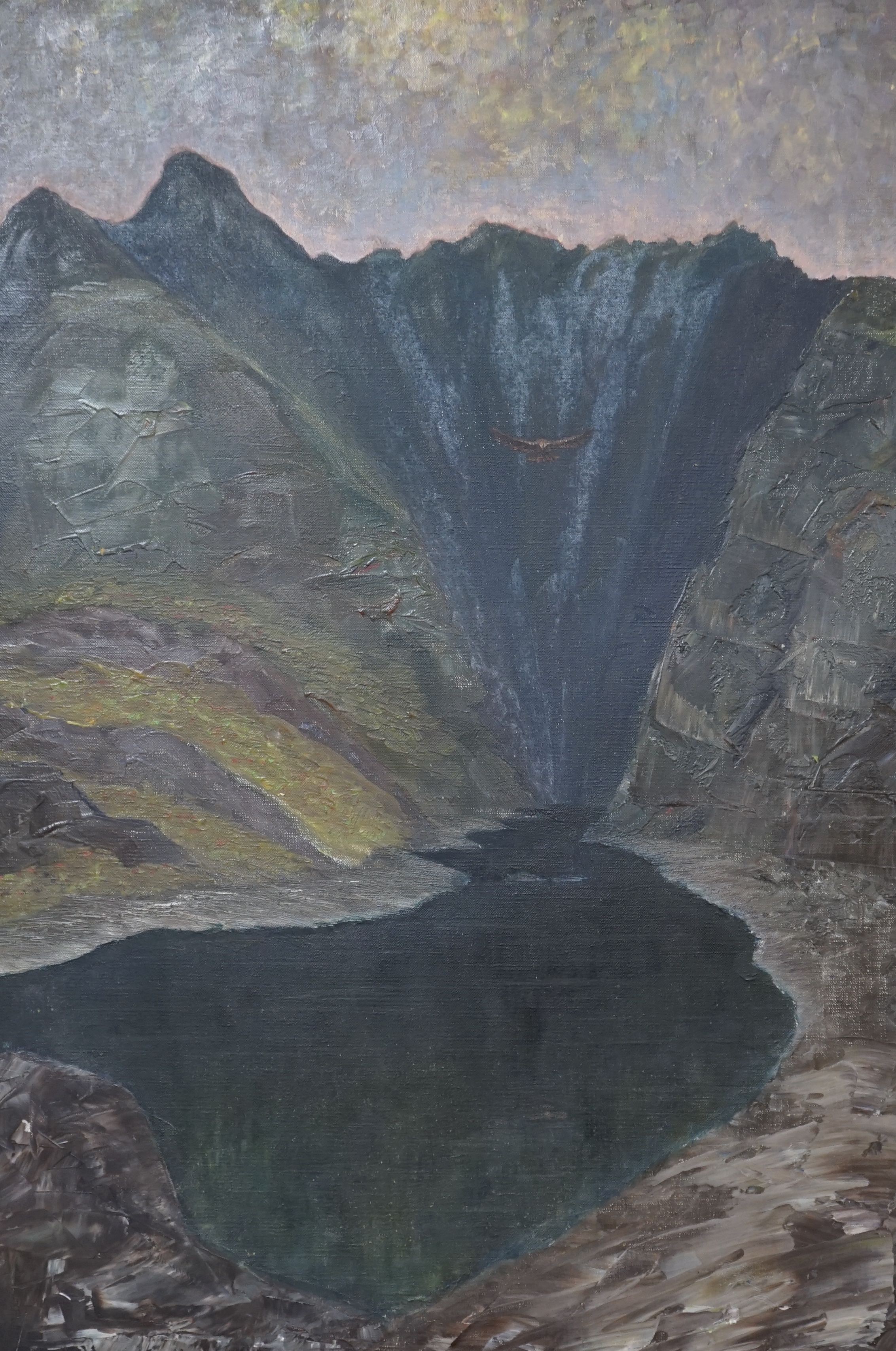 Galloway (1935-), oil on canvas, Eagle flying over a fjord, inscribed verso, 76 x 50cm, unframed